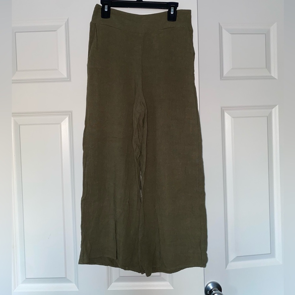 Olive Green Wide-Leg Linen Pants